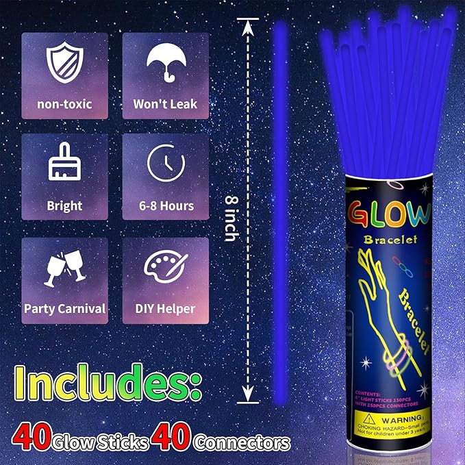 40 Pack 8??Blue Glow Sticks Bracelet Necklaces Bulk with 40 Connectors Neon Glow In The Dark Party favors Supplies for Holiday Birthday Party Decoration (Blue)