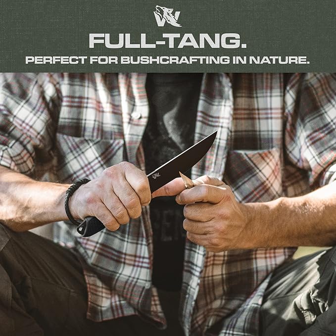 W-FLAT Full Tang Survival Knife with Sheath - Stylish Tactical Fixed Blade - Made of D2 Steel - Bushcraft and Camping Knife Survival - Perfect EDC Hunting Knife with TPE Handle