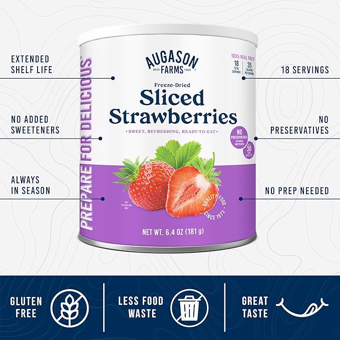 Augason Farms Freeze Dried Sliced Strawberries Can - Gluten Free Snack for Baking, Smoothies, and Emergency Storage - Healthy Individual Fruit Snacks ??6.5 Ounces (18 Servings)