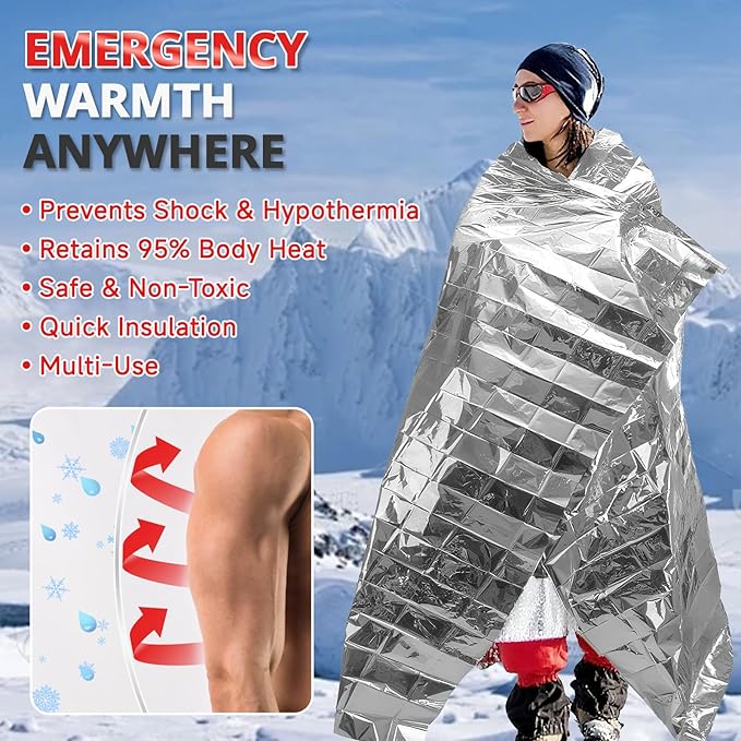 SecuCaptain Survival Emergency Thermal Blankets: 25 Pack Extra Large 84” x63” Space Mylar Blanket Kit for Outdoor Cold Winter Camping Hiking Car Bug Out Bag or First Aid
