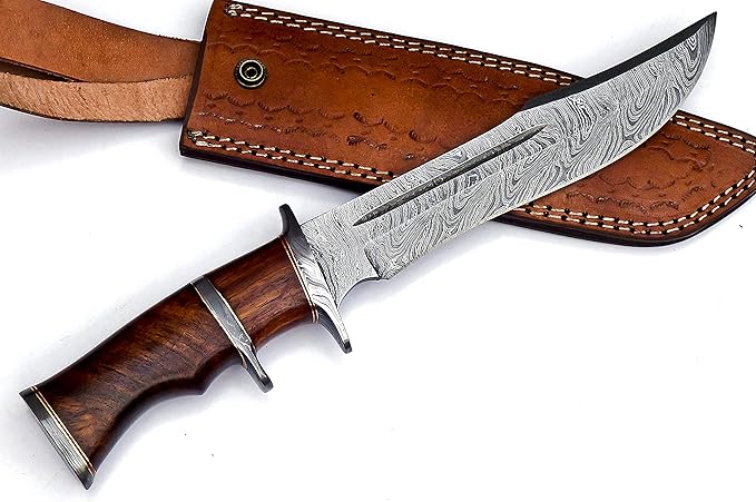 Nooraki 13" - Handmade Damascus Steel Fixed Blade Hunting Knife with Leather Sheath, Multipurpose Knife with Rosewood Handle for Everyday Carry, Outdoor Camping & Hunting Gift (RoseWood-1)