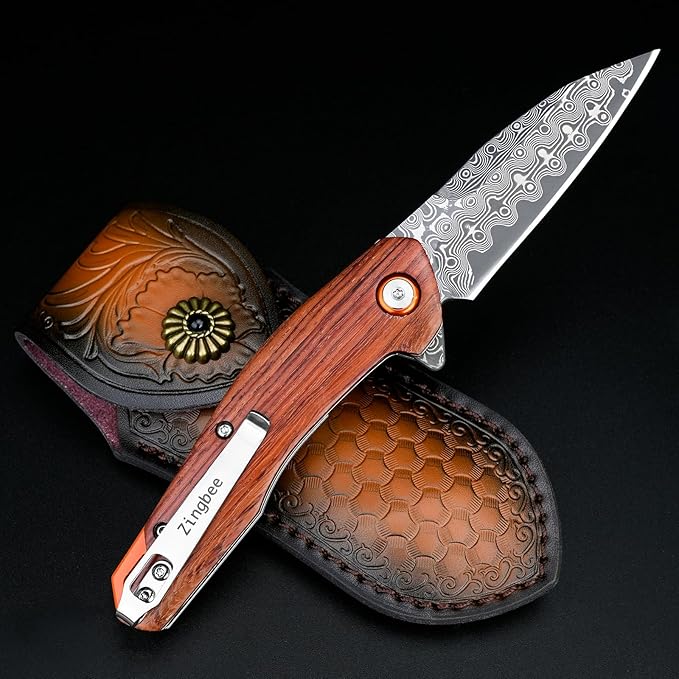 Damascus Pocket Knife for Men Women 3.03" Damascus Blade Folding Knife for EDC Outdoor Fishing Camping Hiking Wooden Handle Pocket Knives with Leather Sheath