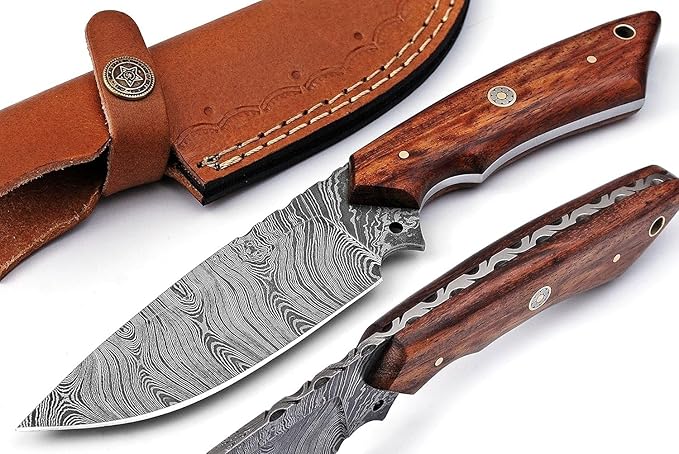 Custom Handmade Damascus Fixed Blade,Full Tang Hunting Knives With Leather Sheath (Gift) For Outdoor Camping. (Rose Wood Handle), PCL-0078