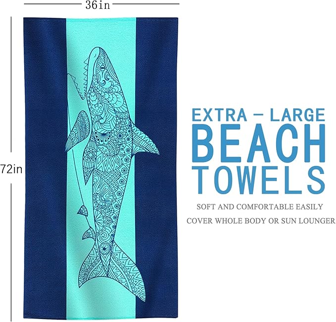 Genovega 2 Packs Oversized Beach Towel Set 36 x 72 in Large Big Pool Camping Swim Clearance Soft Towels Travel Essentials Accessories Must Haves Vacation Necessities Adult Gifts Shark Turtle