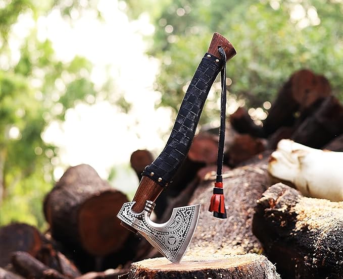 19" Viking Axe Carbon Steel Engraved Head with Leather Wrapped Wooden Handle & Sheath | Norse Collectible Hatchet for Camping & Gifting