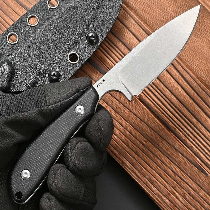 FF101 Micarta Handle Fixed Blade Knife, AUS-10 Steel Blade Full Tang Knife with Sheath for Outdoor Camping Hunting Fishing Working (Black)