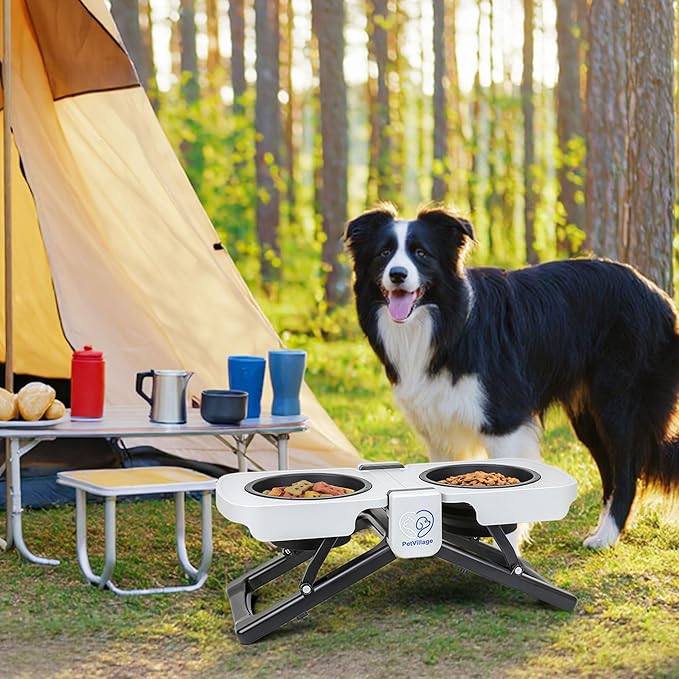 Portable Foldable Elevated Dog Bowls Stand with Dual Dishes, Compact Travel Pet Feeding Table for Dogs (5 Cups Capacity)–Lightweight Non-Slip Design, Perfect for Indoor/Outdoor Adventures