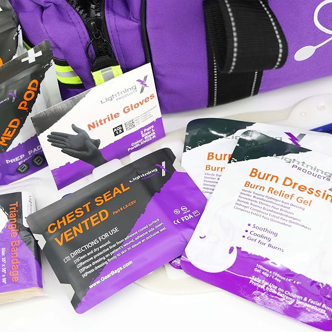 Lightning X MB30-SKC Large EMT Trauma Kit | Fully Stocked First Responder Bag w/ 240+ Supplies | EMS Fire Police Office Sports Team Emergency Medical Kit - Purple