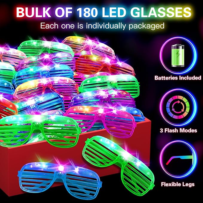 180 PCS Light Up Glasses, Glow In The Dark Party Supplies, LED Glasses, Glow Glasses, Glow In The Dark Glasses for Kids and Adults, Neon Glasses for Glow Party, Wedding, Birthday, Halloween