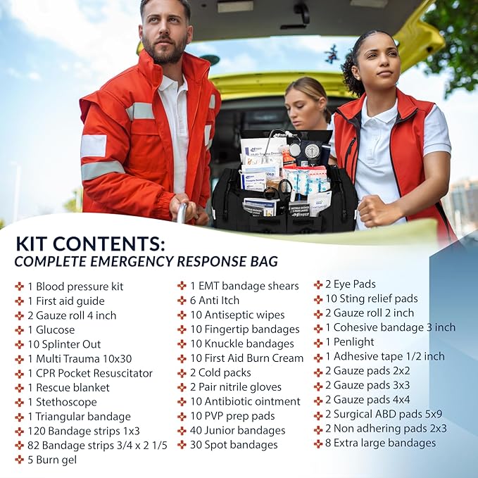 MFASCO First Aid Kit - Fully Stocked Portable Reflective Bag -First Responder Emergency Response Kit-for Natural Disaster Preparedness-Customizable Storage-Includes 415 Pcs First Aid Supplies-Black