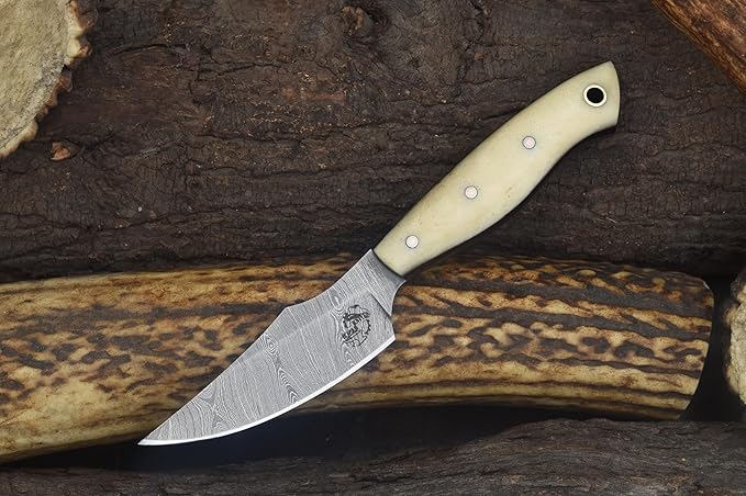 Knives Ranch Handmade EDC Fixed Blade Hunting Knife ??Forged Damascus Steel ??Bone Handle ??Horizontal Carry Sheath ??Outdoor Cowboy Knife (3180-B)