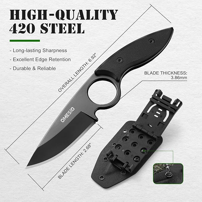 Omesio Small Fixed Blade Knife, Tactical Hunting Camping Knife with Kydex Sheath, Full Tang Stainless Steel Compact EDC Neck G10 Handle with Gift Box for Men (Black)