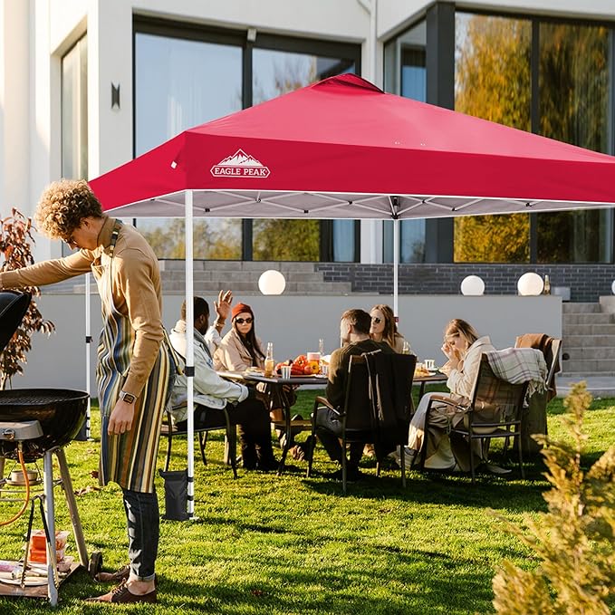 EAGLE PEAK Pop Up Canopy Tent with Wheeled Carry Bag, 8 Stakes, 4 Ropes, 4 Weight Bags, Easy Set Up Tent Canopy, 12x12 ft, 144sqft of Shade, Red