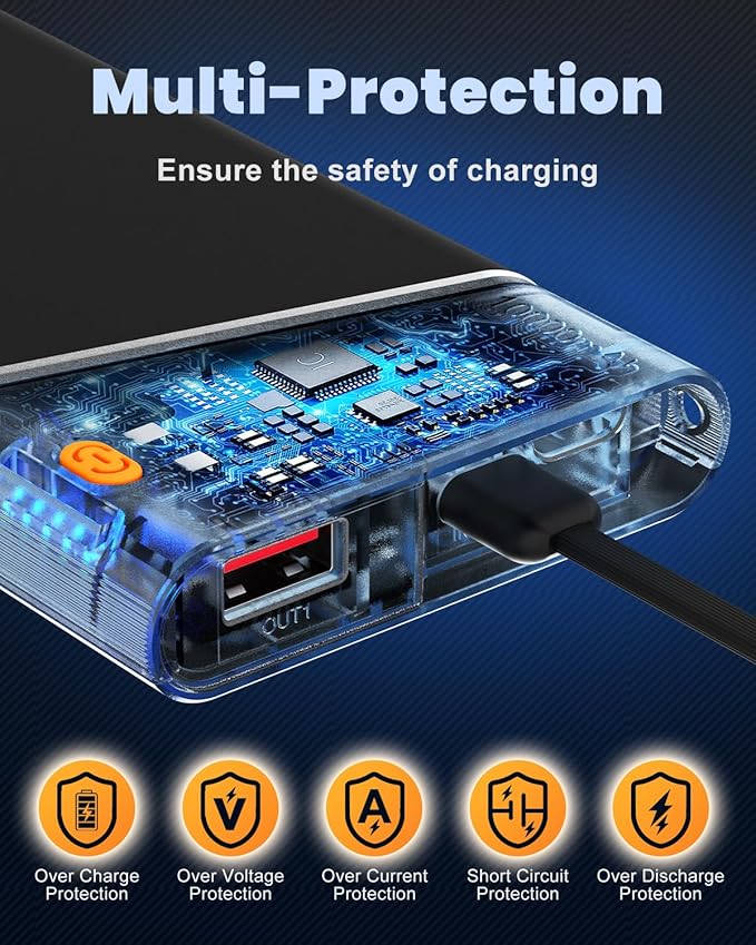 Portable Charger Power Bank, 10000mAh 22.5W PD Super Fast Charging Powerbank with Built-in USB C in&Out Cable, Slim External Phone Battery Pack for iPhone 17/16/15 iPad Samsung S24 Android etc