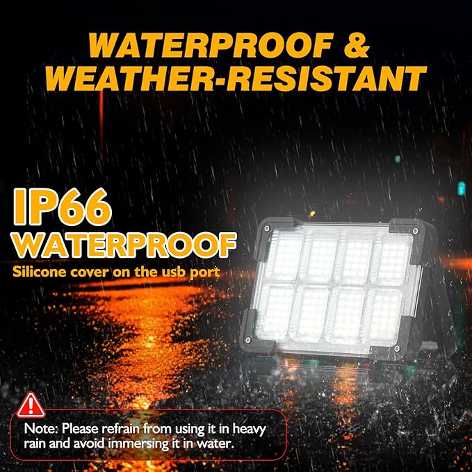 120W Solar Rechargeable Work Light, 144 LED 10000LM Led Work Light with 4 Modes, Portable Flood Light with Stand, IP66 Waterproof Outdoor Working Light for Emergency Mechanic Camping Repair (Black)