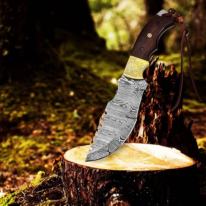 Dessi Tracker Knife: Hand-Forged Damascus Steel Blade - Perfect for Hunting, Camping, Tactical & Survival Use - With Horizontal Carry-Back Leather Sheath for Men SM71