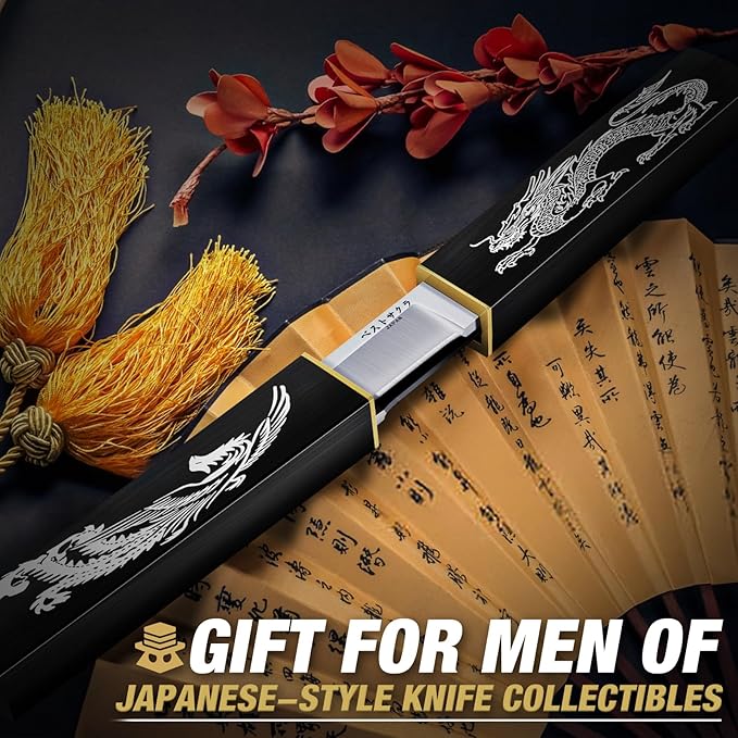 Purple Dragon Tanto Fixed Blade Knife, Katana Survival Bushcraft Knife, Full Tang Samurai Knives 2 in 1, Ideal for Camping, Fishing, Hiking, Hunting Double Knives for Men, Gift for Father (Black)