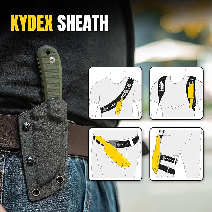 Kizer Deckhand Fixed Blade Knife with Sheath, D2 Blade Camping Knife G10 Handle, Fixed Blade EDC Knives for Men Women, Outdoor Hunting Hiking Survival Knives 1062M2