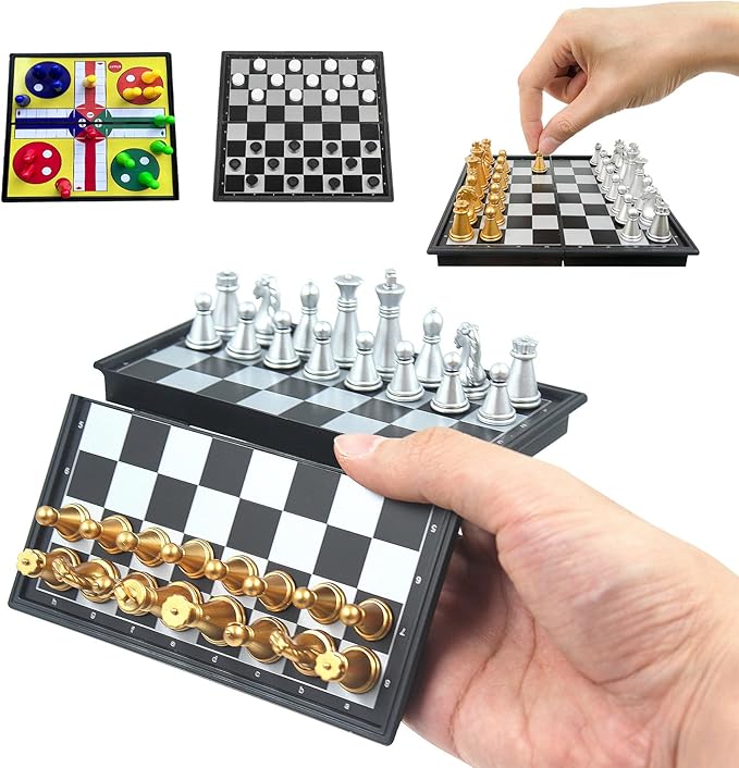 3 in 1 Magnetic Chess Set - 6.69" Portable Folding Board with Chess, Checker, Ludo Games | No Stress Travel Essentials for Beginners & Professionals, Indoor Outdoor Use