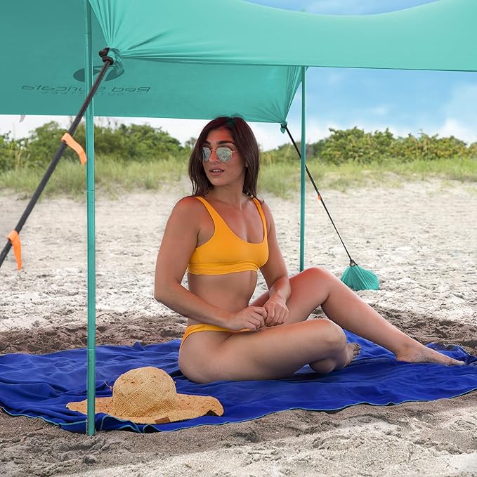 Red Suricata Family Beach Tent & Canopy, UPF50 Sun Shade, 4 Aluminum Poles, Sand Shovel, Medium Portable Sun Shelter (Medium, Turquoise)