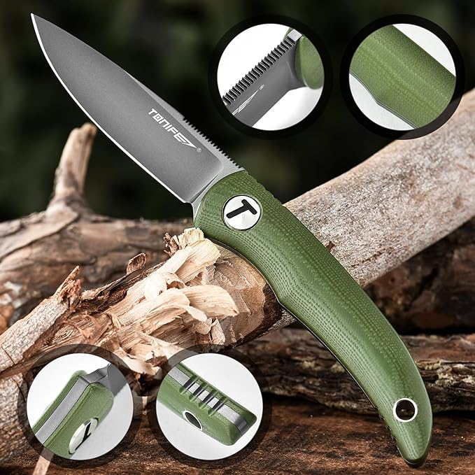 TONIFE Nova 2.68'' Blade Mini Neck Knife Full Tang Fixed Blade Knife with Kydex Sheath and Adjustable Paracord Lanyard for Camping Outdoor Survival Tool (Green+Grey Titanium)