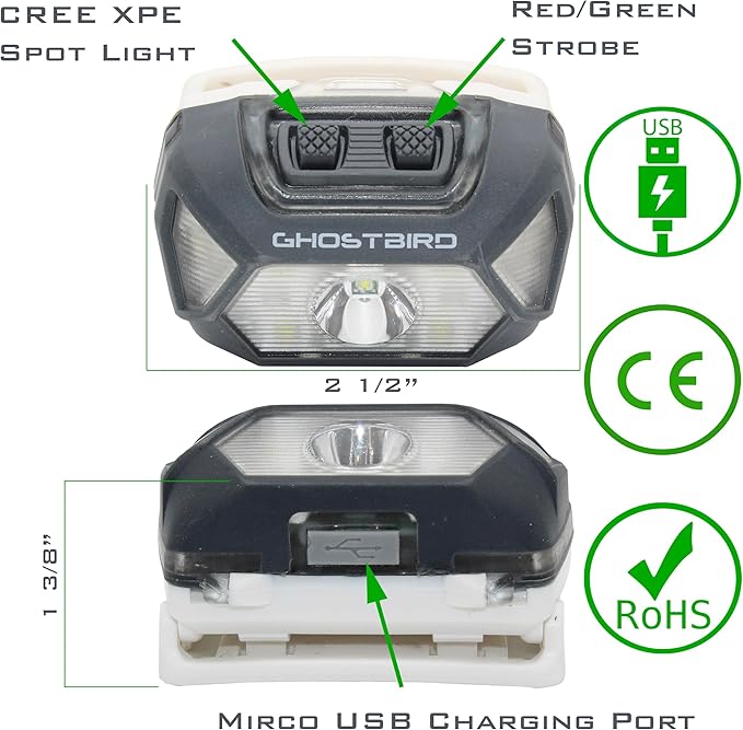 Ghost Bird Seiker X1 Head Lamp - LED Rechargeable Cree XPE - Waterproof IPX7, Freezeproof, Smashproof Perfect for Your Running, Camping, Backpacking, Hunting, and Cycling Adventures