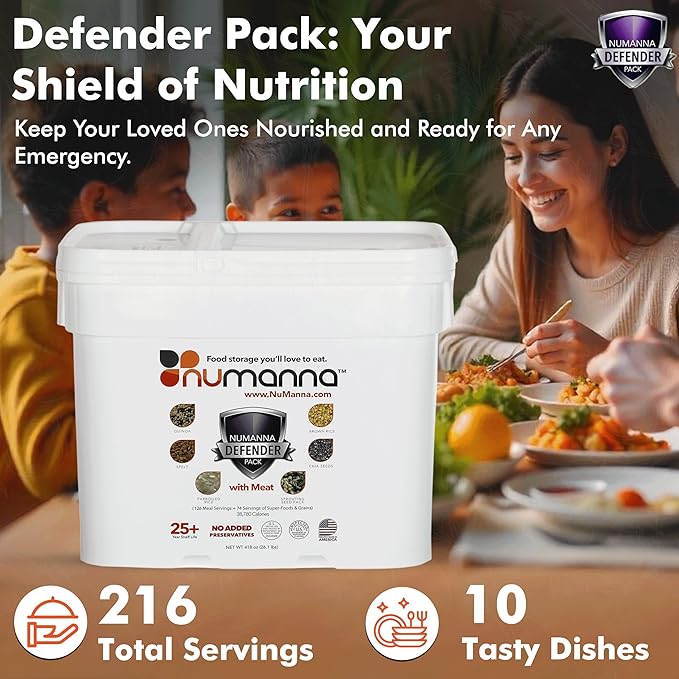 Numanna Defender Pack with Meat Bucket 216 Servings | 1-Month Emergency Food Supply with Protein | Easy-to-Prepare Survival Meals for Prepping, Camping & Daily Use | 25+ Year Shelf Life | Made in USA