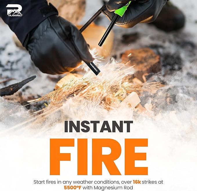 Rainier Rugged 5-in-1 Glow-in-The-Dark Fire Starters Kits with Compass, Signal Mirrors, Whistles -Magnesium Ferro Rods - Compact Portable Hiking, Camping, Trekking,Emergency Survival Rescue