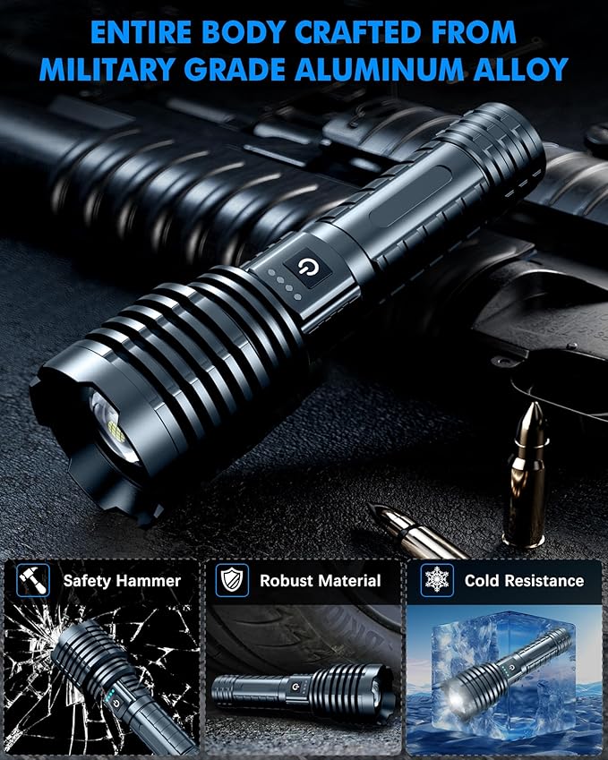 Super Bright Rechargeable LED Flashlights 5000.000High Lumens,Powerful Tactical Flashlight Up to 25H Long Battery Life|Zoomable|5Light Modes|IP67 Waterproof,Flashlights High Lumens for Camping (Grey)