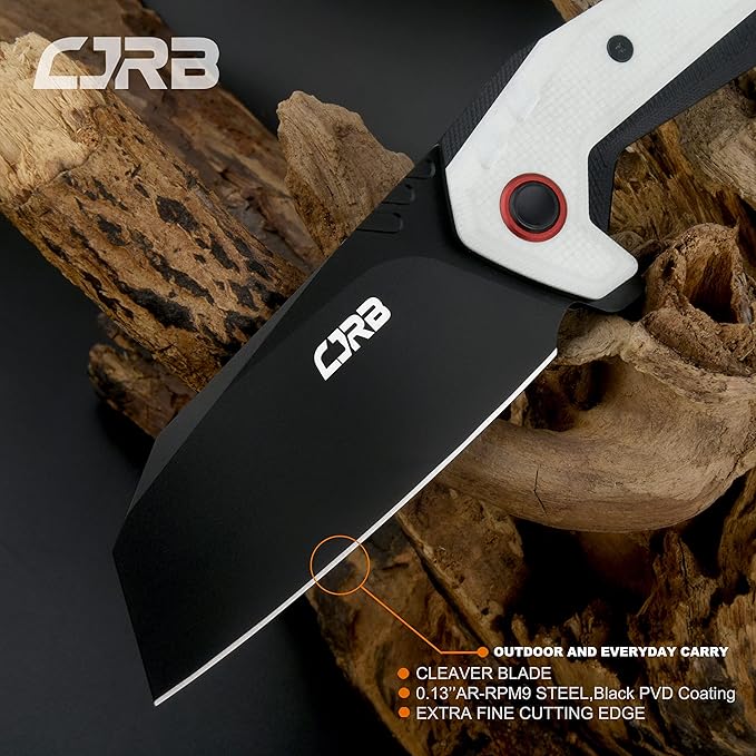 CJRB Tigris Pocket Knife, Folding Knife with AR-RPM9 Powder Steel Black PVD Blade Black & White G10 Handle for EDC Camping Hunting (J1919)