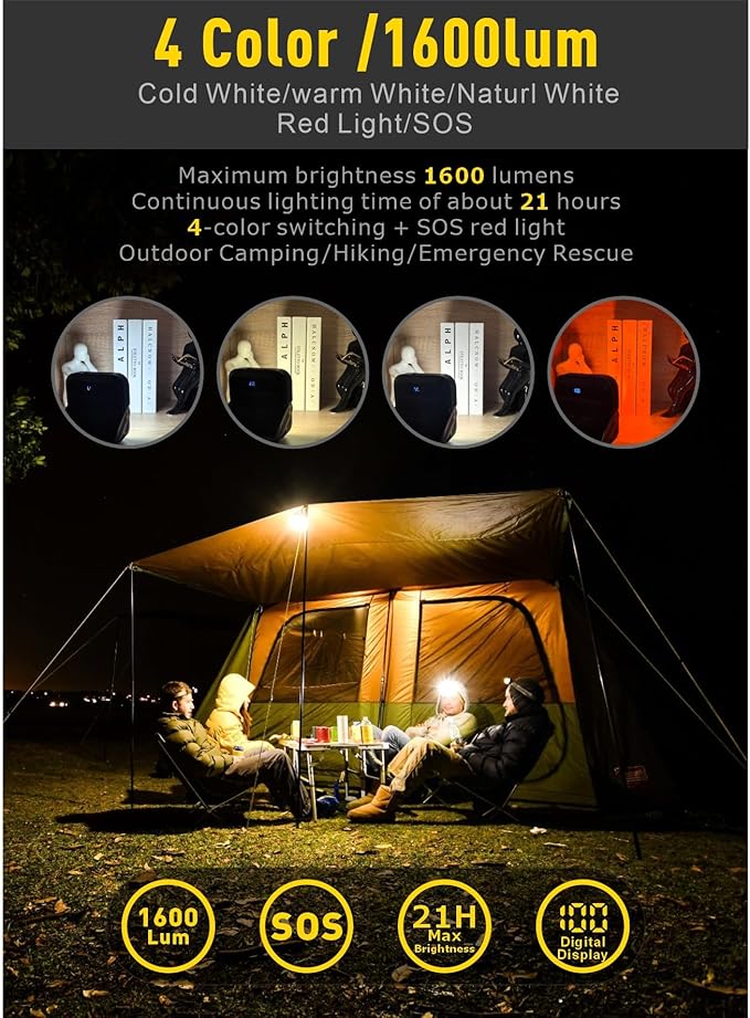 30000mAh LED Camping Lantern,Rechargeable Tent Light, QC3.0/22.5W, 1600LM, 4-Color Switch, IPX5 Waterproof Outdoor Light for Power Failure,Emergency,Camping,Hiking (Black-2)