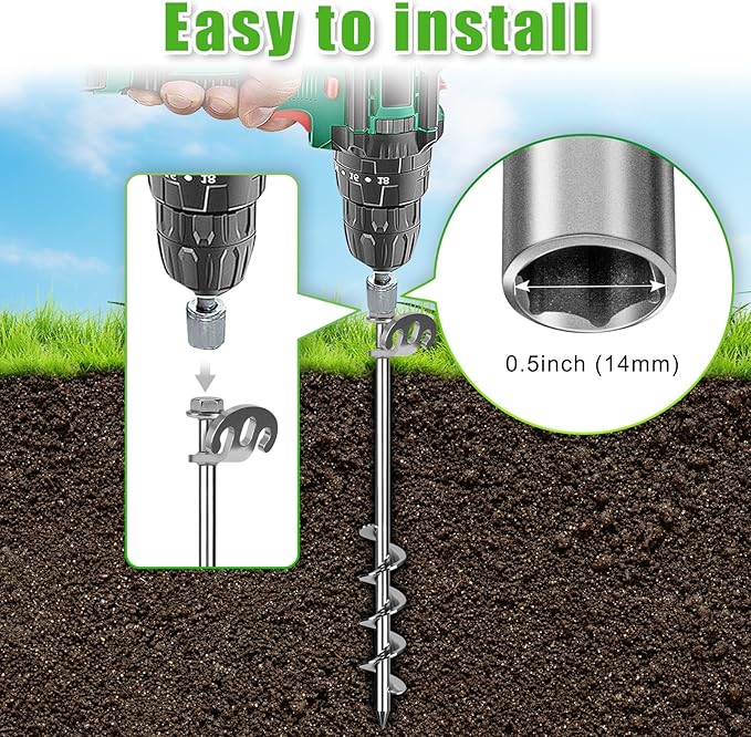 14 Inch Screw in Ground Anchors Kit, 4 Pack Heavy Duty Tent Stakes, Double-Sided Welded Spiral Windproof Earth Anchors for Trampoline, Shed, Swing Set & Mobile Home