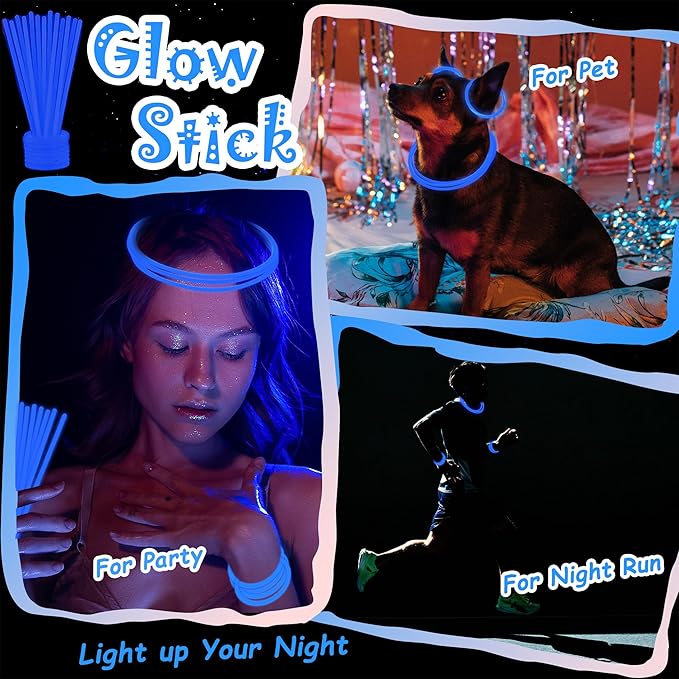 100 pk 8" Glow Sticks Bulk Party Favors, Light up Glow Necklaces & Bracelets in the Dark Party Supplies For Christmas Halloween 4th of July Birthday Neon Party (100 * Blue)