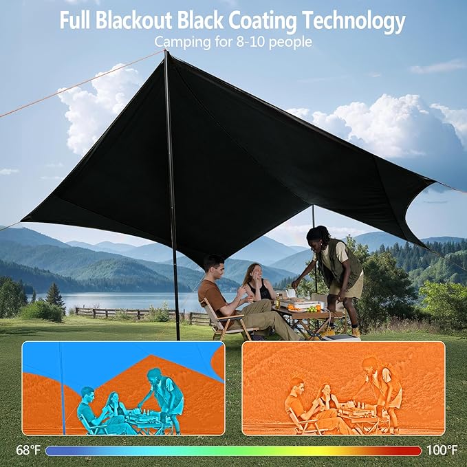 Camping Tarp with Poles & Retainer,15x12.5FT Large Waterproof 210D Oxford Cloth Camping Canopy, Anti-UV UPF100+ Tent Tarp for Outdoor, Picnic, Car, Hammock, Backpacking (Green-Black)