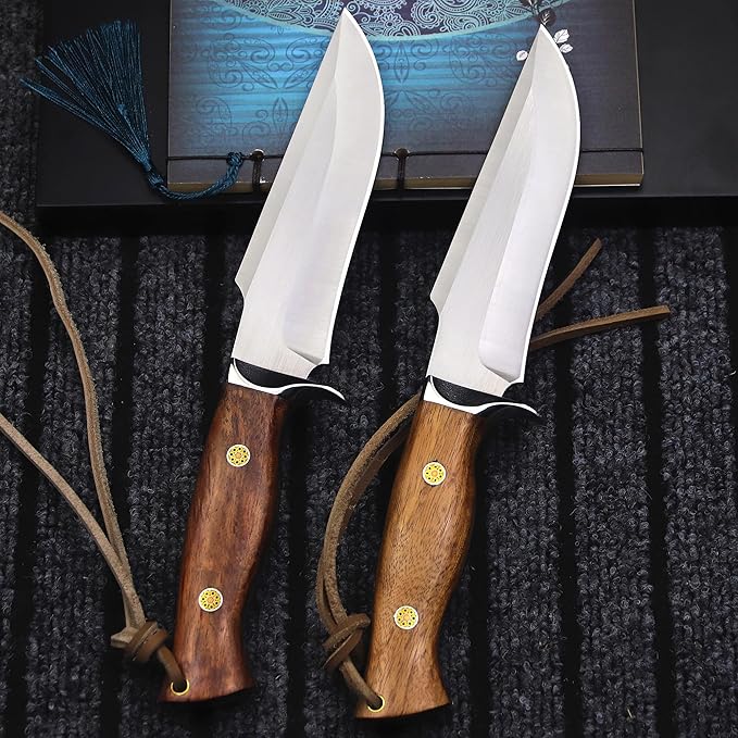 (USA 440C steel 10.5 inch outdoor hunting knife + leather sheath, suitable for outdoor travel, camping, survival, fishing, holiday gifts