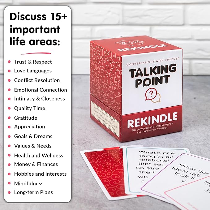 TALKING POINT CARDS 200 Couples Conversation Cards - Rekindle Game for Married Questions Long Term Relationships Fun Topics Build Intimacy & Strong Bonds Road Trips, Anniversary, Date Night
