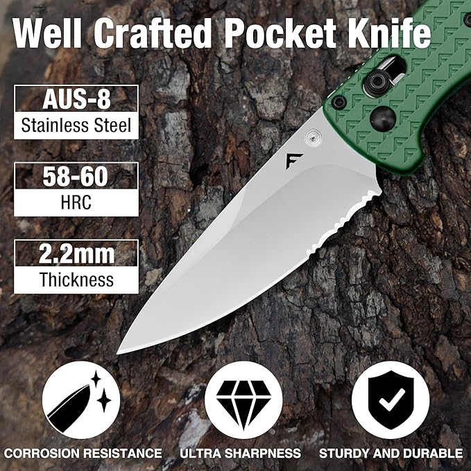 FLISSA 4.5" Folding Pocket Knife, Lightweight EDC Pocket Knife with Axis Lock, 3.2" AUS-8 Steel Blade, Sharp Camping Hiking Knife with Pocket Clip, Unique Tool Gift for Men, Dad (Green)