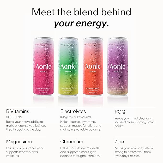 Aonic Revive Electrolyte Drink for Hydration & Recovery, No Added Sugar, Caffeine-Free with Magnesium,B Vitamins Naturally Flavored- 12 Fl Oz Cans (12-Pack), Variety - Pineapple, Raspberry, Orange & Passionfruit