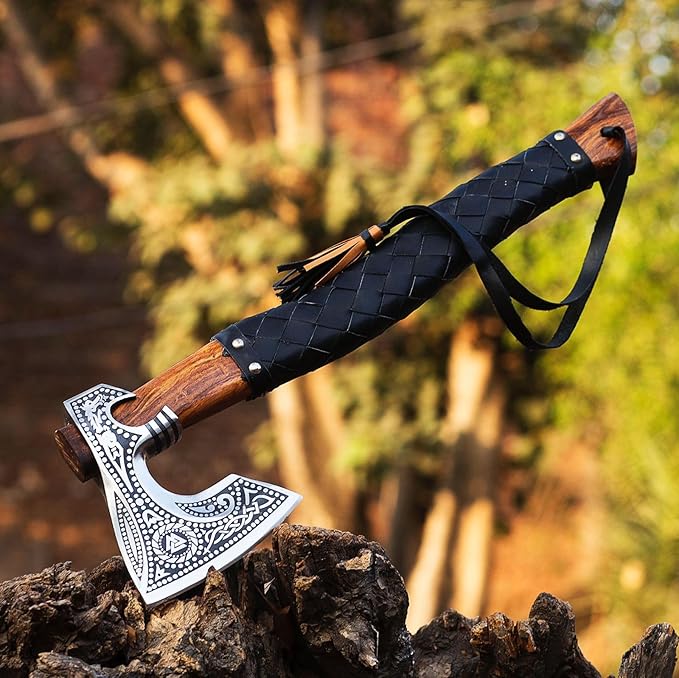 19" Viking Axe Carbon Steel Engraved Head with Leather Wrapped Wooden Handle & Sheath | Norse Collectible Hatchet for Camping & Gifting