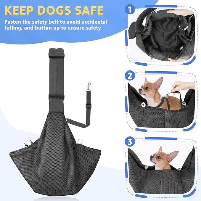 SlowTon Dog Carrier Sling - Thick Padded Shoulder Strap Adjustable Dog Carriers for Small Dogs, Puppy Carrier Purse for Pet Cat with Front Zipper Pocket Safety Belt Machine Washable (GY, L)