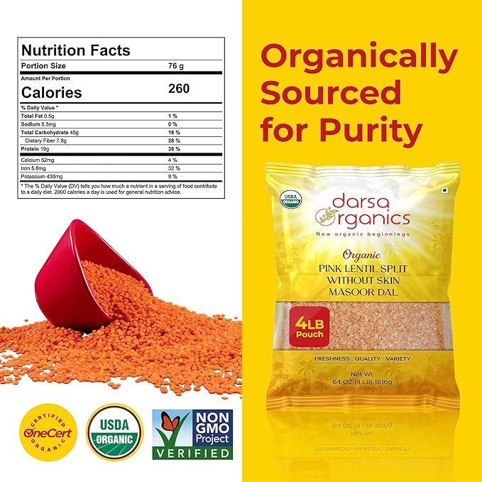 Darsa Organics Red Lentils Masoor Dal - 4 lb USDA Certified Organic, Non-GMO, Gluten-Free, Whole & Split Pink Lentils, Chemical-Free, Rich in Protein and Fiber, Easy to Cook