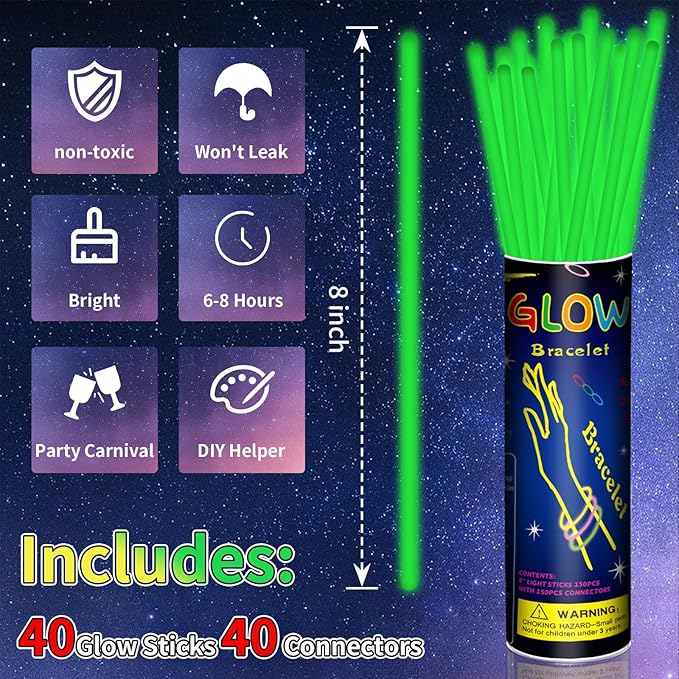 40 Pack 8??Green Glow Sticks Bracelet Necklaces Bulk with 40 Connectors Neon Glow In The Dark Party favors Supplies for Holiday Birthday Party Decoration (Green)