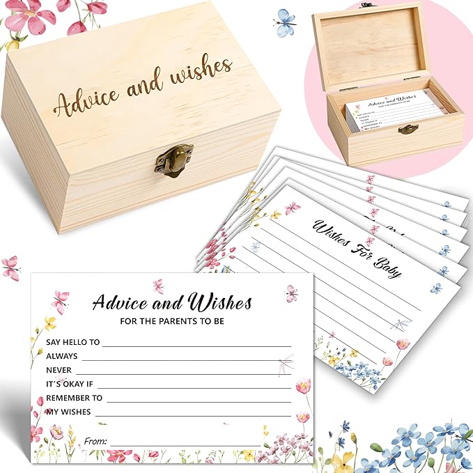 Advice and Wishes Cards Box - 50 Pcs Advice Card Wildflower Baby Shower Decorations, Double Sided Advices and Well Wishes Box For Parents To Be, New Mommy Baby Shower Games