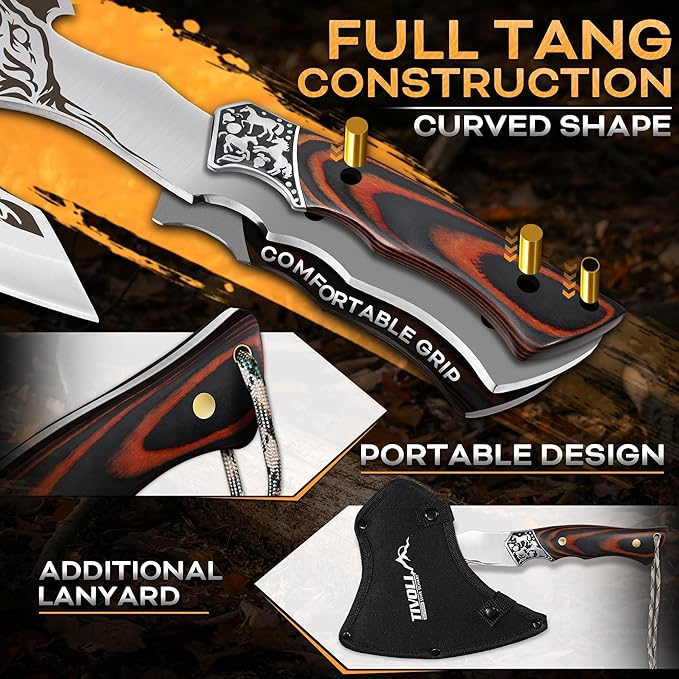 TIVOLI Camping Axe, Tiger - Patterned Survival Hatchet with Nylon Sheath, High Carbon Steel Blade Compact Outdoor Bushcraft Axe with Ergonomic Wood Grip, Camping Gear for Hiking, Chopping, Hunting