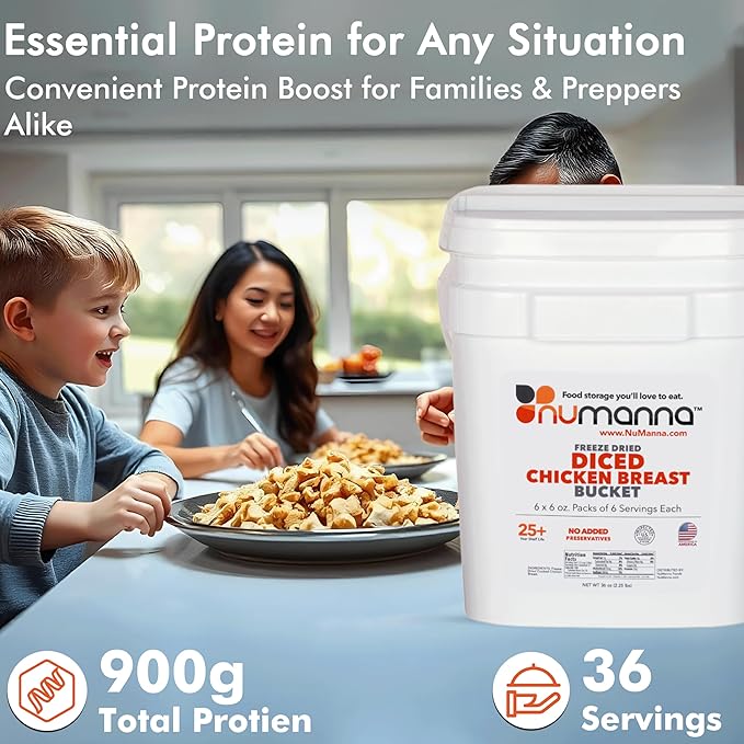 NuManna Freeze-Dried Diced Chicken Breast Bucket 36 Servings | Over 25g Protein per Serving for Daily Meal Prep, Emergency & Survival Food | Non-GMO, Resealable | 25+ Year Shelf Life | Made in USA