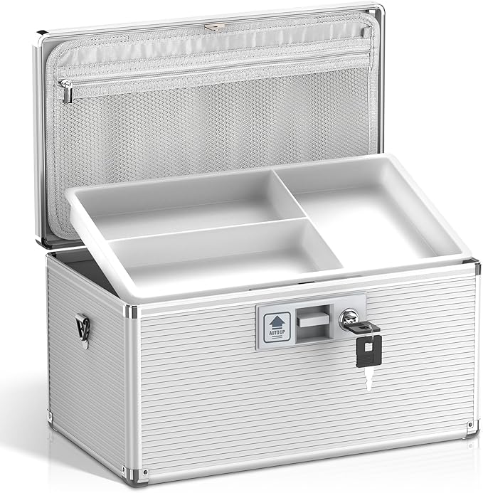 Medicine Lock Box with Key, Alluminum Alloy Box for Medication,First Aid Box with a Removeable Tray to Store Medicines & Pills for Home, Silver 14 * 8.46 * 7.48 Inch