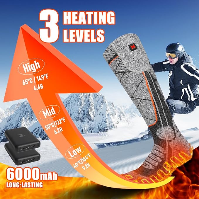 Heated Socks, 5V 6000mAh Rechargeable Heated Socks for Men & Women, Electric Socks with 3 Heating Levels for Winter, Skiing, Hunting, Camping, Hiking, Cycling, Outdoor Work
