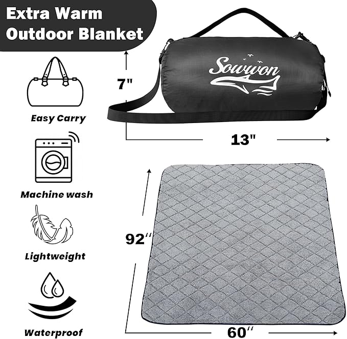 Waterproof Outdoor Blanket 92”X 60” Packable, Stadium Blankets for Camping with Sherpa Fleece Lining, Large Windproof Emergency Throw Mat for Garss Picnic Hiking Road Trip, Machine Washable, Black