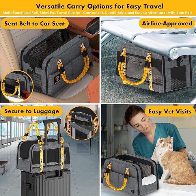 PAWZIDEA Center Console Dog Car Seat, Enclosed Secure Armrest Booster Seat for Small Dogs & Cats up 12lbs, Soft-Sided Travel Pet Carrier Safety Straps, Removable Pillow, Storage Pocket, Shoulder Strap