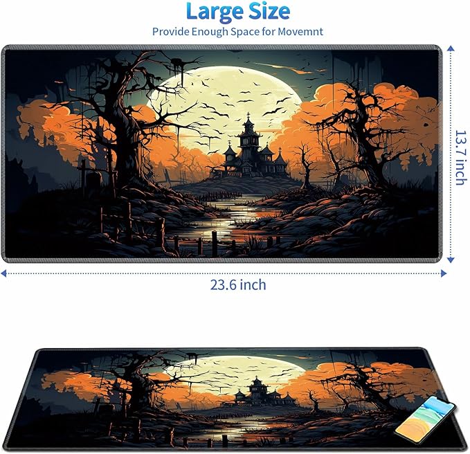 Playmat for MTG, 24 x 14 inches Game Play Mat for MTG TCG and Other Card Games, Trading Card Game Play Mat Desk Mats with Stitched Edges Non-Slip Base, Halloween Night B